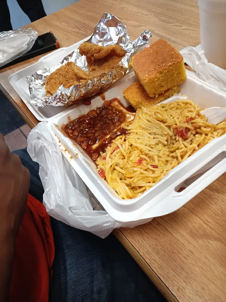 Chicken Spaghetti Fried Fish Swai Baked Beans Corn Bread
